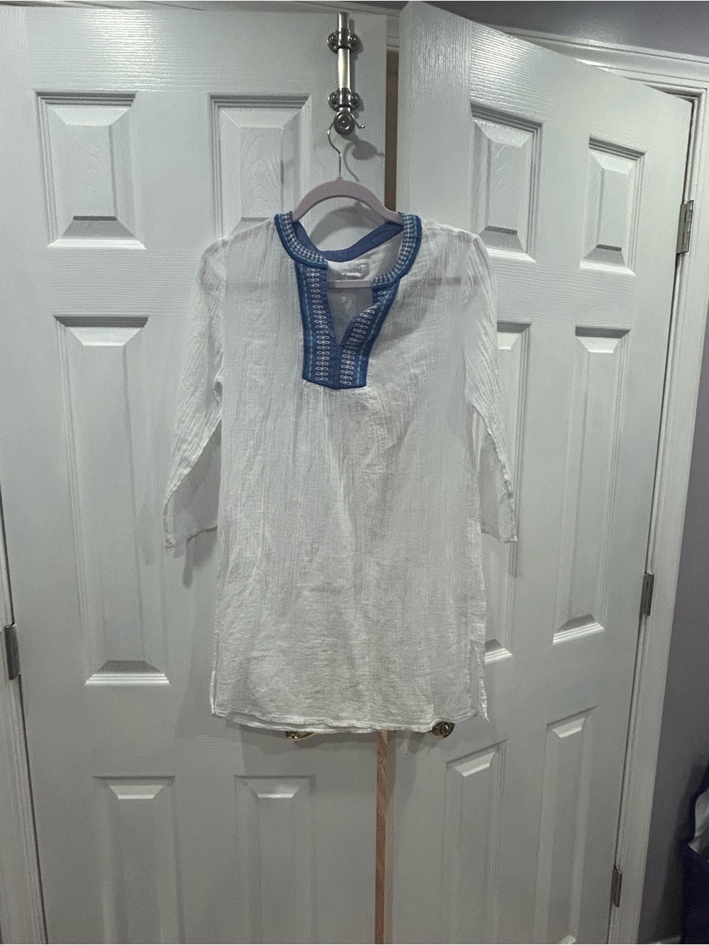 Sigrid Olsen White Tunic with Blue Embroidered Placket